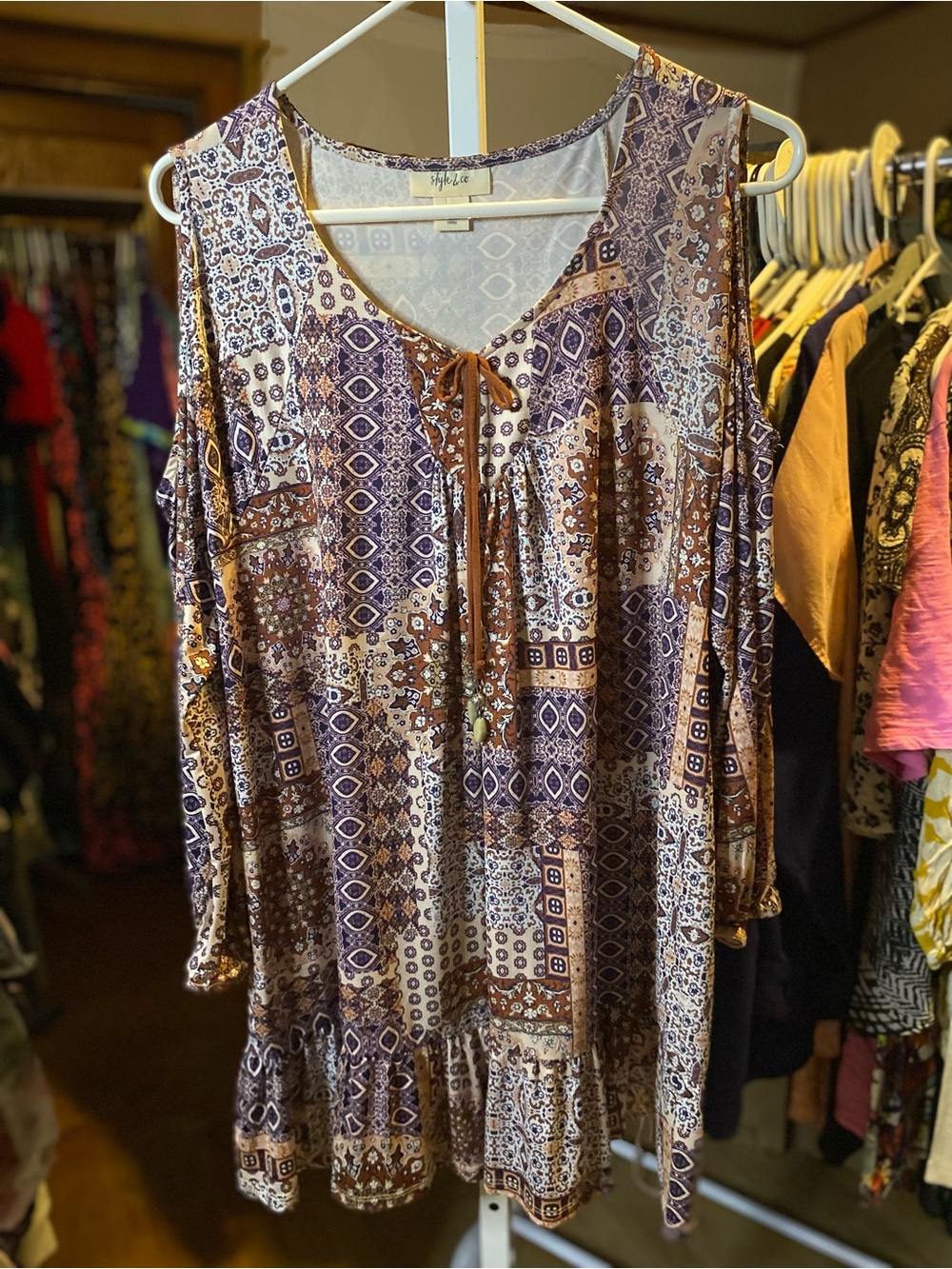 Style & Co. Brown and Purple Cold-Shoulder Tunic